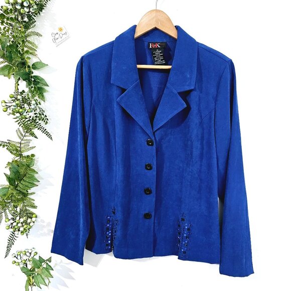 R&K Originals Womens Blue Embellished Button-Up Faux‎ Suede Jacket Size 14《904》A - Picture 1 of 6